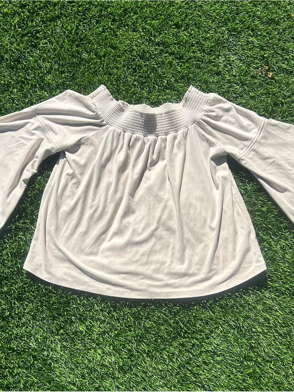 Shyanne Off-Shoulder Smocked Neck Tunic - Light Beige